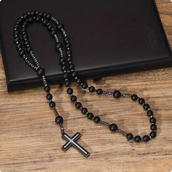Tiger Eye Natural Stone Black Gallstone Cross Men's Stone Necklace 8mm (NEW) - Picture 5 of 6
